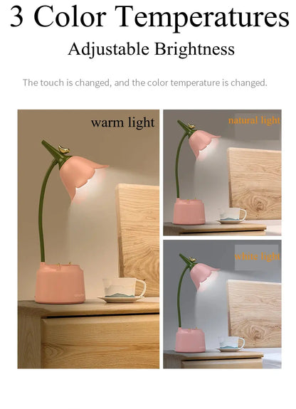 Cute Desk Lamp Rechargeable LED Night Light Table Lamp for Bedroom Flowers Reading Light with Pen Holder 3 Color Modes & Dimming - petguardiansupplies