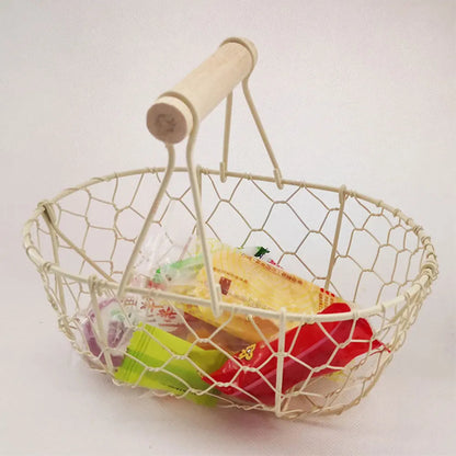 Iron Fruit Basket with Wooden Handle Fruit Vegetable Basket Storing Food Photography Props for Home Kitchen Living Room - petguardiansupplies