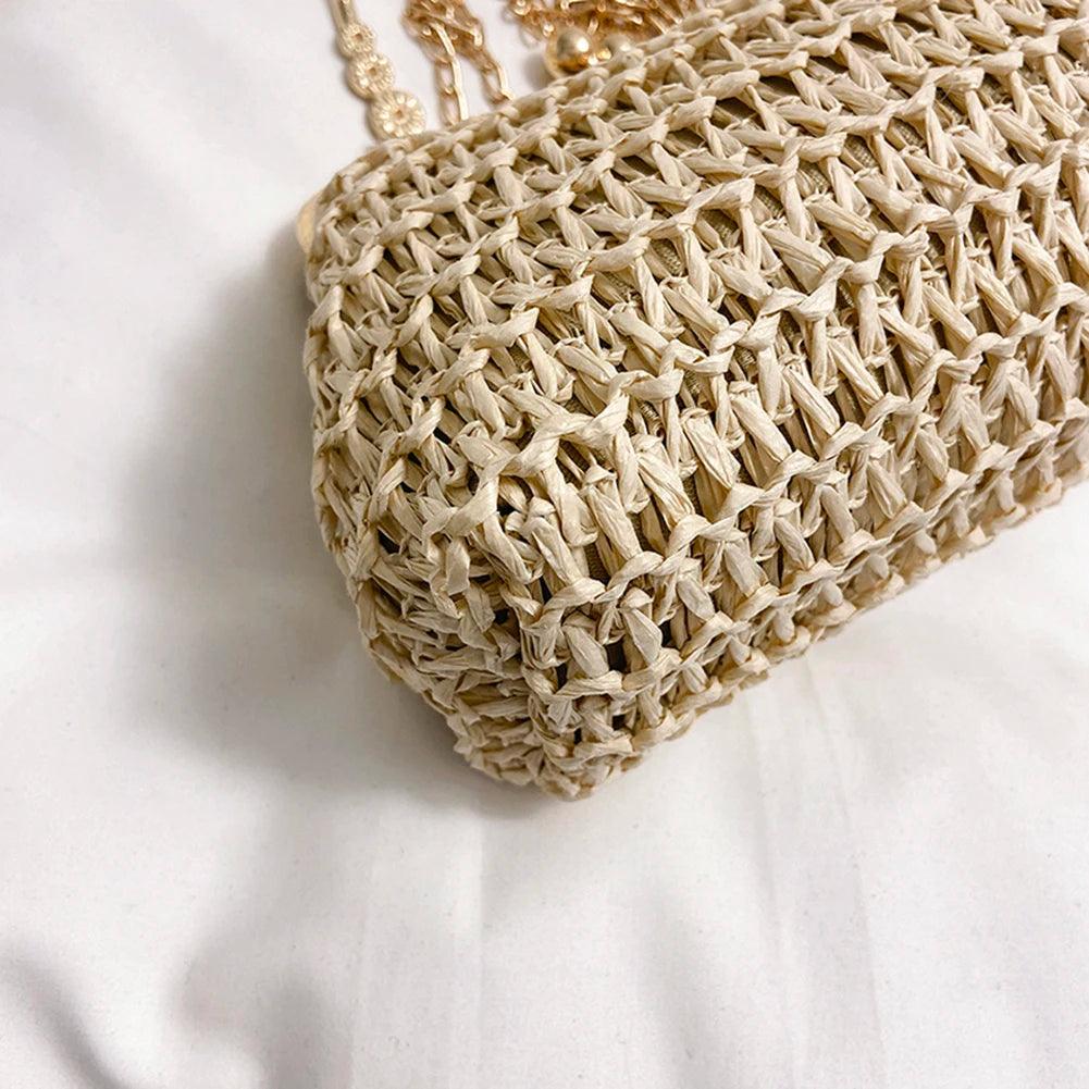 Summer Beach Straw Bags Exquisite Gold Chain Party Banquet Purse Hand Woven Handbag Female Clutch Bag Shoulder Crossbody Bags - petguardiansupplies