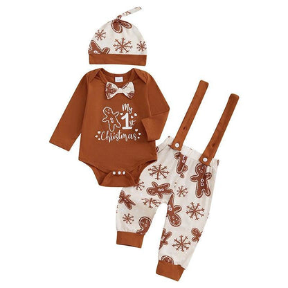 FOCUSNORM 0-18M 3pcs Autumn Baby Boys Christmas Clothes Sets Long Sleeve Gingerbread Print Romper Suspender Pants Hat Sets - petguardiansupplies