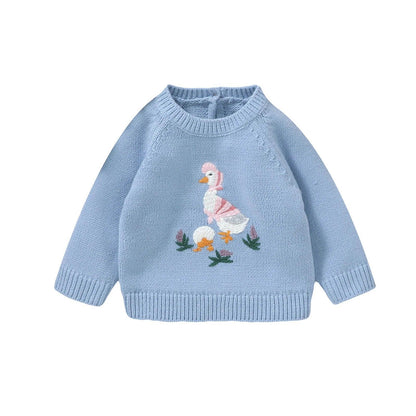 FOCUSNORM 4 Colors Lovely Baby Girls Sweater 0-3Y Cartoon Duck Embroidery Long Sleeve Pullovers Fall Winter Kids Jumpers Tops - petguardiansupplies