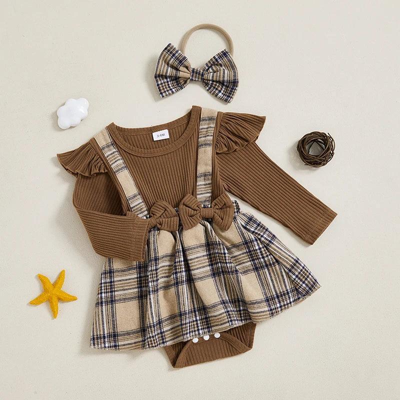 FOCUSNORM 0-18M Lovely Baby Girls Autumn Romper Dress Long Sleeve O Neck Plaid Print Patchwork Bow Jumpsuits with Headband - petguardiansupplies