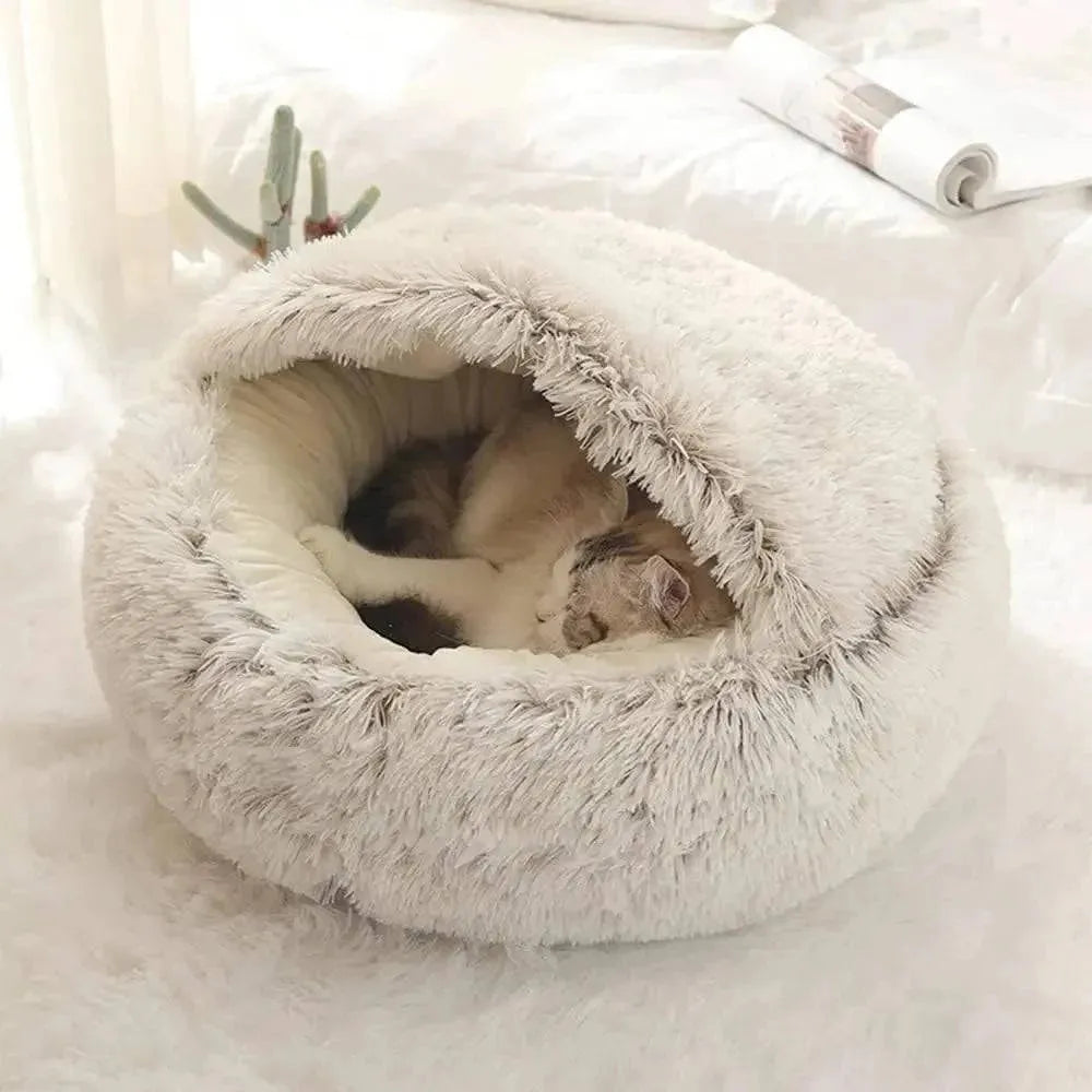 Soft Plush Pet Bed with Cover Round Cat Bed Pet Mattress Warm Cat Dog 2 in 1 Sleeping Nest Cave for Small Dogs - petguardiansupplies