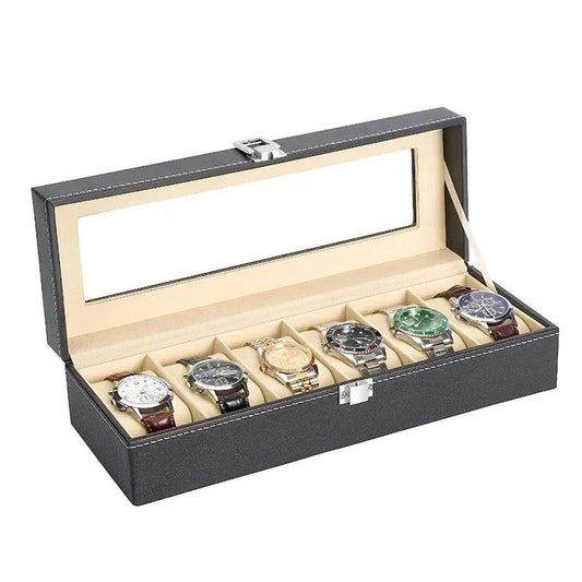 6 Slots PU Leather Watch Display Storage WristWatch Box Holder Storage Case Organizer Black Watch Bracket Display Box - petguardiansupplies