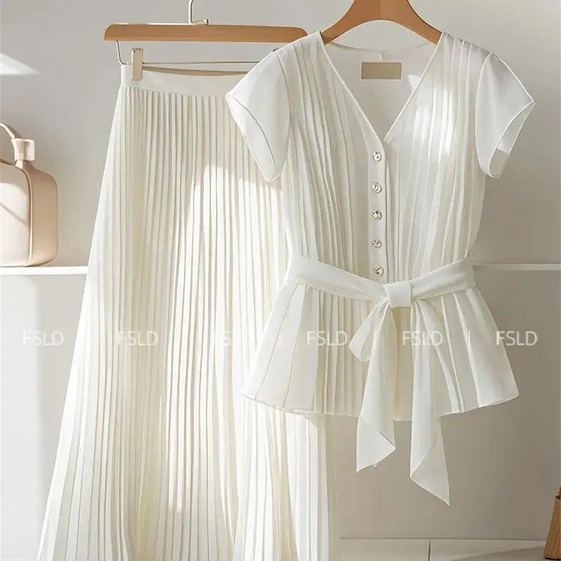 Summer New Elegant Office Lady Suit Solid Single Breasted Lace Up Shirt + High Waist A-Line Pleated Skirt Outfits 2 Pcs Set 126P - petguardiansupplies