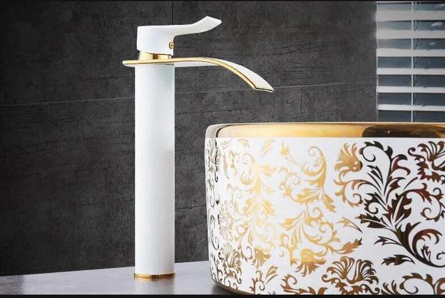 Basin Faucet Gold and white Waterfall Faucet Brass Bathroom Faucet Bathroom Basin Faucet Mixer Tap Hot and Cold Sink faucet - petguardiansupplies