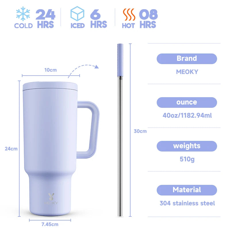 Meoky 40oz Tumbler Handle Straw Multiple Prints Stainless Steel Bottle Thermos Coffee Cup Portable Vacuum Insulated Car Mug Gift - petguardiansupplies