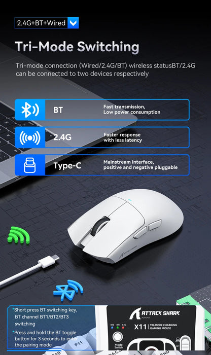 Attack Shark X11 Wireless Mouse,Bluetooth/2.4G/wired Tri-Mode Mouse ,PAW3311 RGB Magnetic charging dock Gaming Mouse - petguardiansupplies