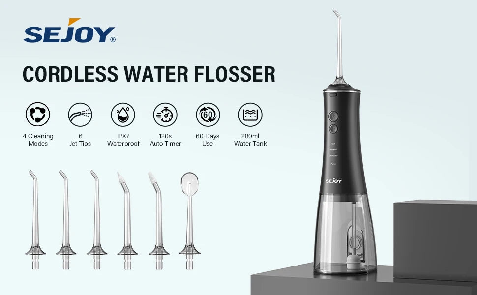 Sejoy Dental Oral Irrigator Water Flosser Thread Teeth Pick Mouth Washing Machine 4 Nozzels 4 Modes Magnetic Rechargeable - petguardiansupplies