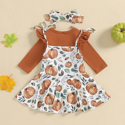 FOCUSNORM 3pcs Baby Girls Halloween Clothes Set 0-18M Pumpkin Print Long Sleeve Ruffled Romper Lacing Strap Sundress Hair Band - petguardiansupplies