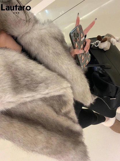 Lautaro Autumn Winter Oversized Loose Casual Luxury Soft Thick Warm Hairy Faux Fox Fur Coat Women Long Sleeve Fluffy Jacket 2024 - petguardiansupplies