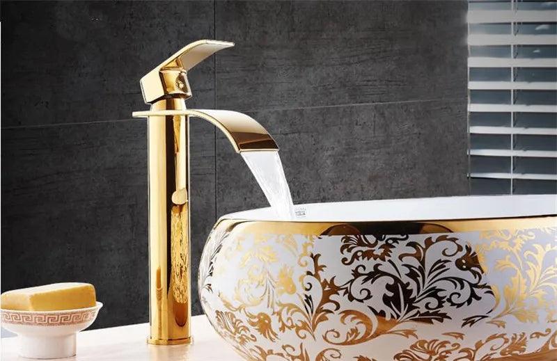 Basin Faucet Gold and white Waterfall Faucet Brass Bathroom Faucet Bathroom Basin Faucet Mixer Tap Hot and Cold Sink faucet - petguardiansupplies