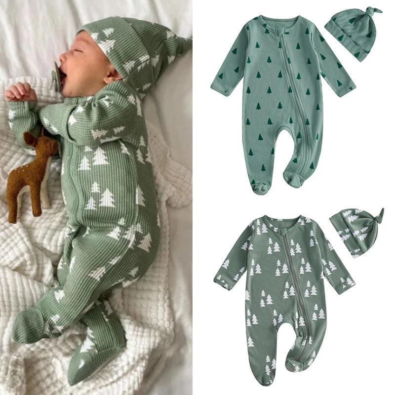 FOCUSNORM Newborn Baby Girls Boys Christmas Romper Sets Xmas Tree Print Long Sleeve Zip-Up Footed Jumpsuits Knot Hat - petguardiansupplies