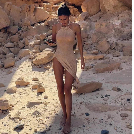 2024 Kintted Cover Up Beach Sexy See Through Maxi Slit Bodycon Summer Dress Bikinis Cover-ups Elegant Halter Beachdress - petguardiansupplies