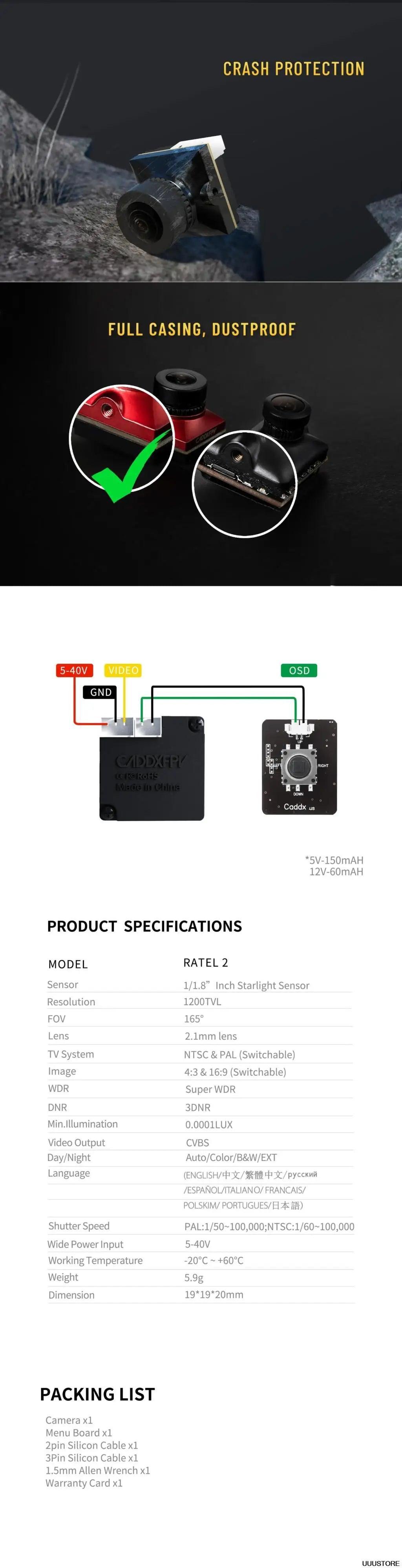 Caddx Ratel 2 V2 FPV Camera Ratel2 2.1mm Lens 16:9/4:3 NTSC/PAL Switchable 19*19mm Super WDR for FPV Racing Drone RC Model - petguardiansupplies