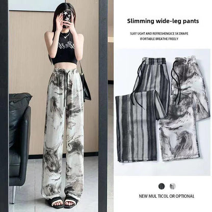 High-waisted Slimming Women's Bell Bottoms Casual Loose-fit Straight-leg Pants Summer Printing Ink Watermarked Chinese Style - petguardiansupplies