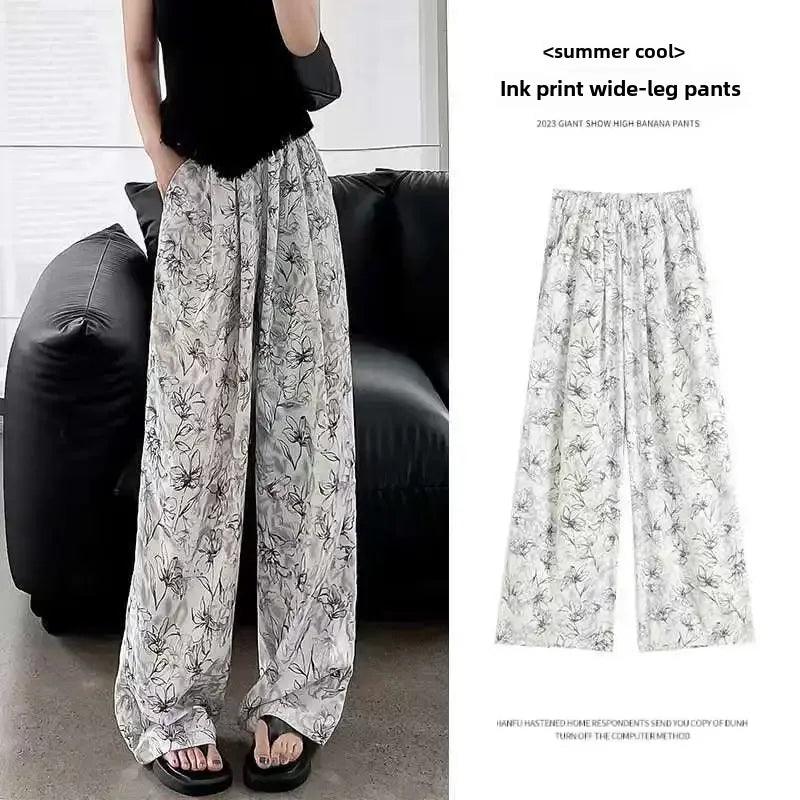 High-waisted Slimming Women's Bell Bottoms Casual Loose-fit Straight-leg Pants Summer Printing Ink Watermarked Chinese Style - petguardiansupplies