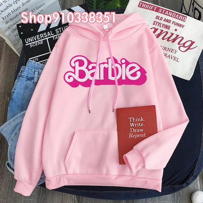 Pink Hoodie Women's Hoodie Cartoon Printed Barbie Spring Fall Long Sleeve Sportswear Girls Clothing Casual Loose Sweatshirt - petguardiansupplies