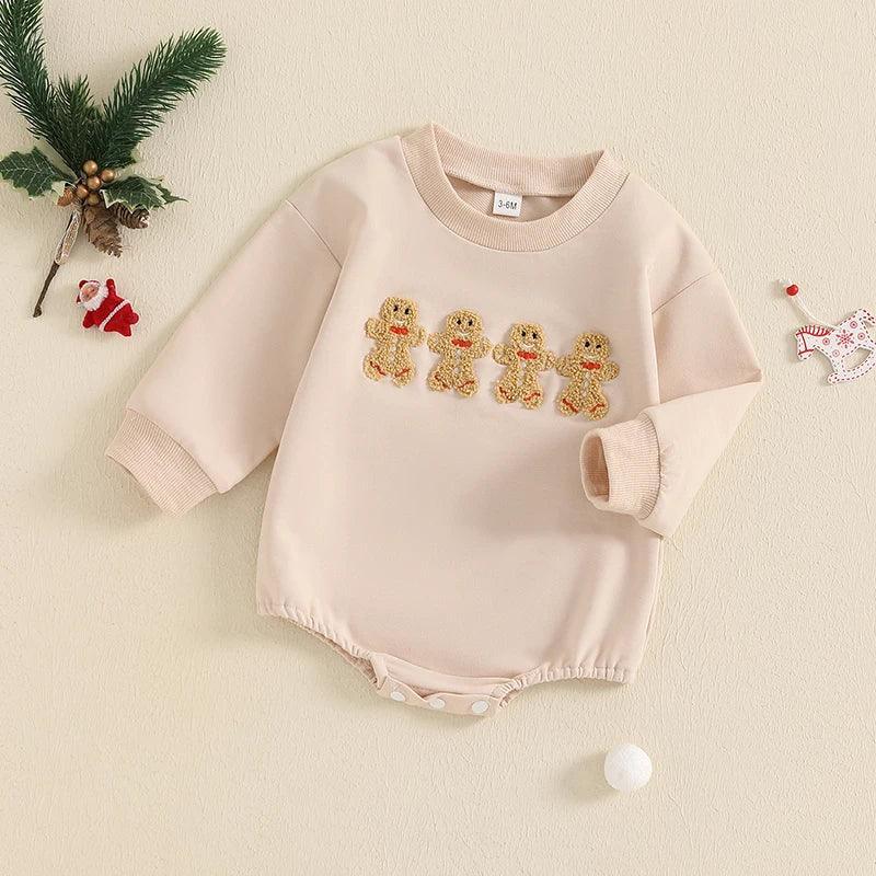 FOCUSNORM 0-18M Lovely Baby Boys Girls Christmas Romper Gingerbread Embroidery Long Sleeve Sweatshirt Jumpsuits - petguardiansupplies