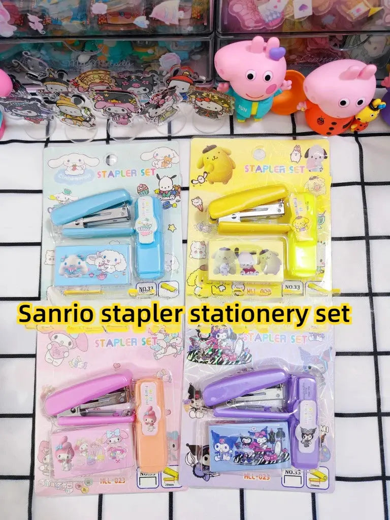 Sanrio Kuromi Cinnamoroll Melody Mini Stapler Highlighter Set Student Office Small Stapler Kawaii School Supplies Stationery Set - petguardiansupplies