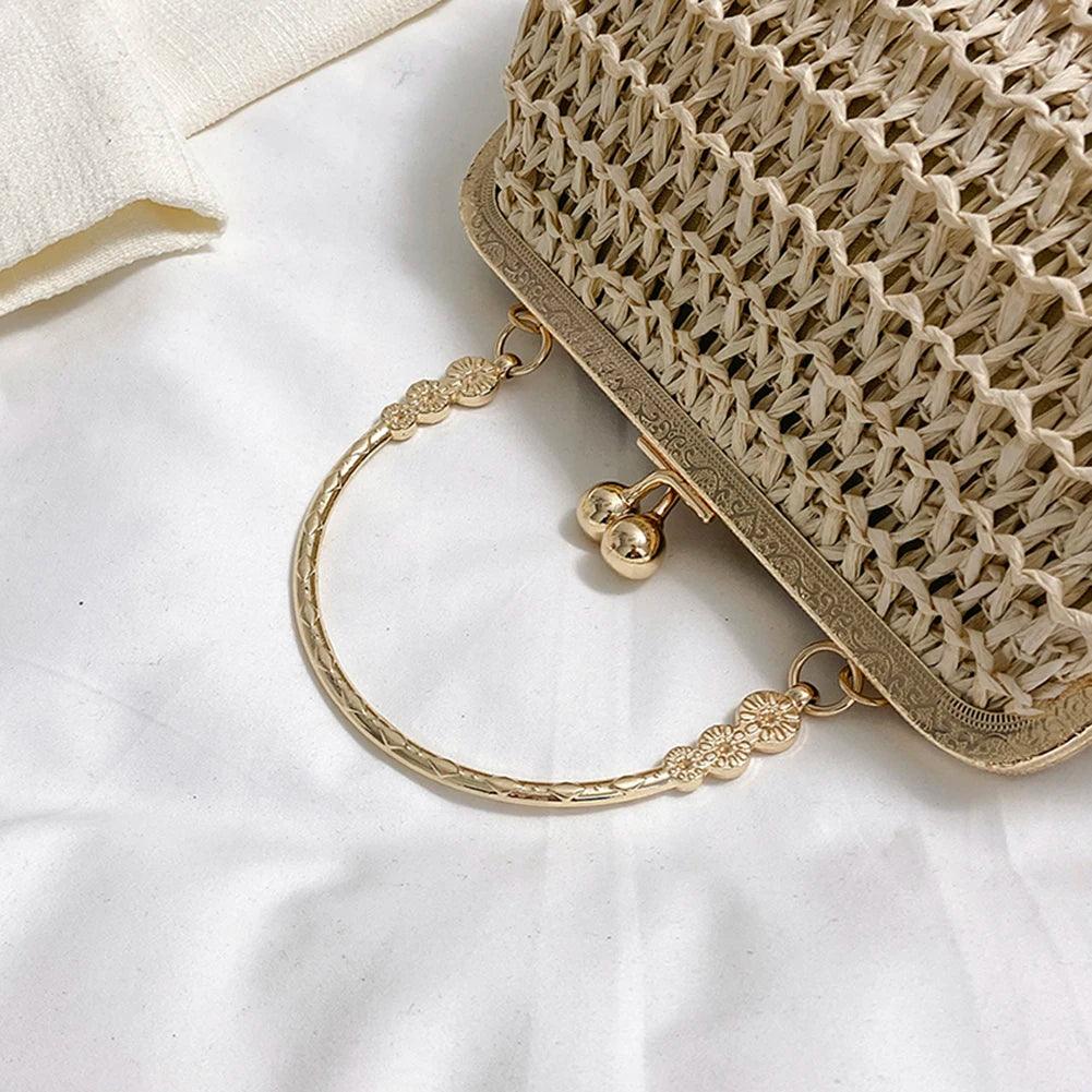 Summer Beach Straw Bags Exquisite Gold Chain Party Banquet Purse Hand Woven Handbag Female Clutch Bag Shoulder Crossbody Bags - petguardiansupplies