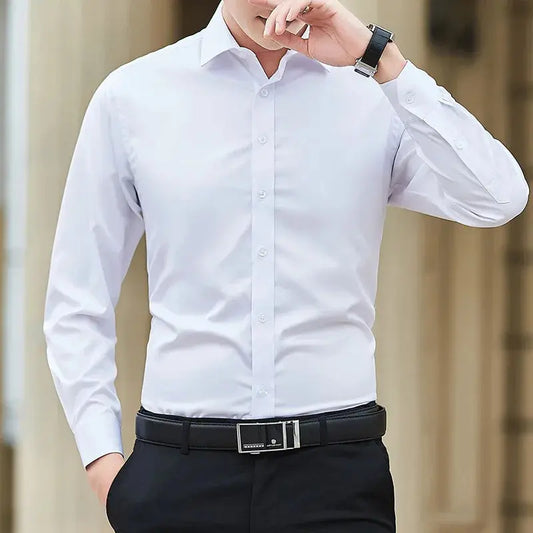 New Plus Size Men Solid Color Business Shirt Fashion Classic Basic Casual Slim White Long Sleeve Shirt Brand Clothes - petguardiansupplies