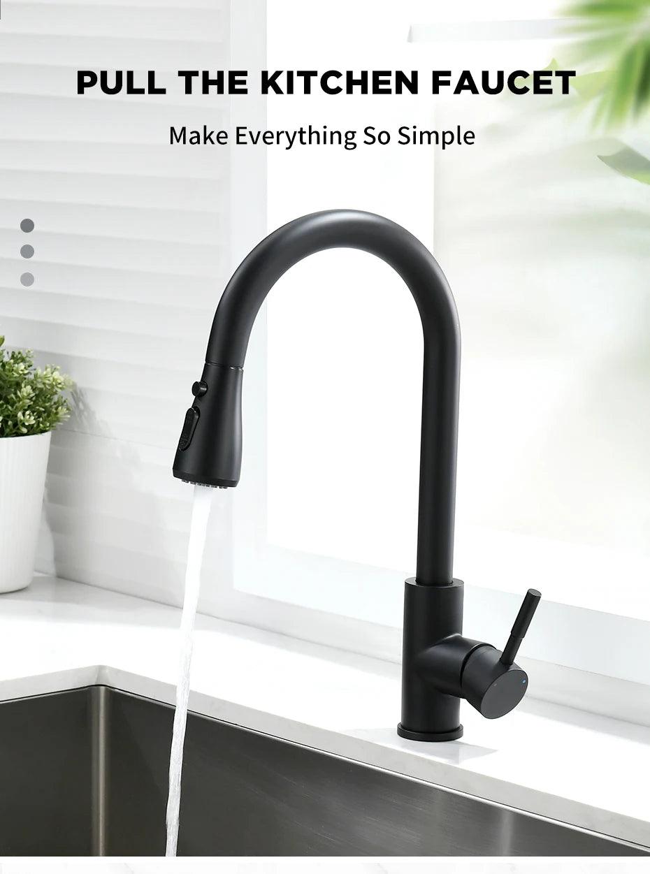 Kitchen Faucets Black Single Handle Pull Out Kitchen Tap Single Hole Handle Swivel 360 Degree Water Mixer Tap Mixer Tap 408906 - petguardiansupplies