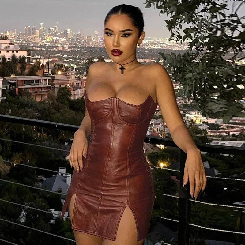 Sexy Pu Leather Personalized Wrap Chest Women Tight Fit Waistless Backless Dress Short Skirt Polyester Fabric One-piece - petguardiansupplies