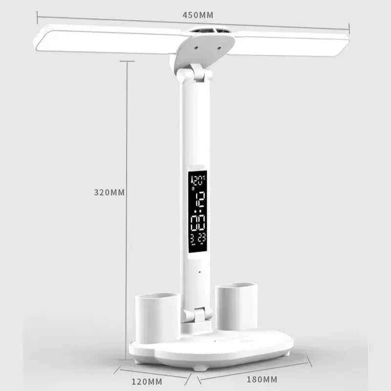 LED Clock Table Lamp USB Chargeable Dimmable Desk Lamp 2 Heads 180 Rotate Foldable Eye Protection Reading Night Light - petguardiansupplies