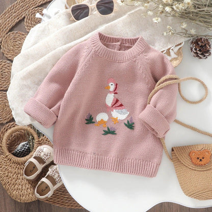 FOCUSNORM 4 Colors Lovely Baby Girls Sweater 0-3Y Cartoon Duck Embroidery Long Sleeve Pullovers Fall Winter Kids Jumpers Tops - petguardiansupplies