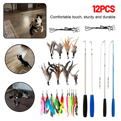 12Pcs Kitten Cat Toy Feather Bell Wand Teaser Rod Interactive Play Pet Toys Gift - petguardiansupplies