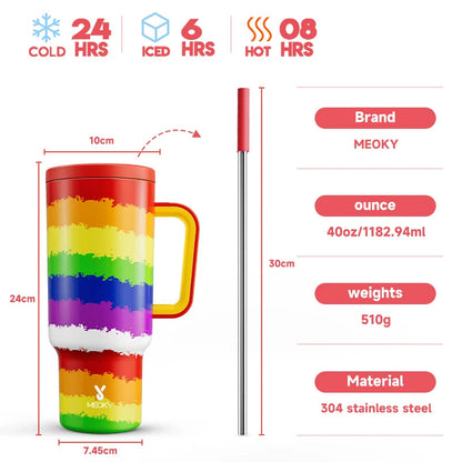 Meoky 40oz Tumbler Handle Straw Multiple Prints Stainless Steel Bottle Thermos Coffee Cup Portable Vacuum Insulated Car Mug Gift - petguardiansupplies