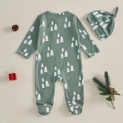 FOCUSNORM Newborn Baby Girls Boys Christmas Romper Sets Xmas Tree Print Long Sleeve Zip-Up Footed Jumpsuits Knot Hat - petguardiansupplies