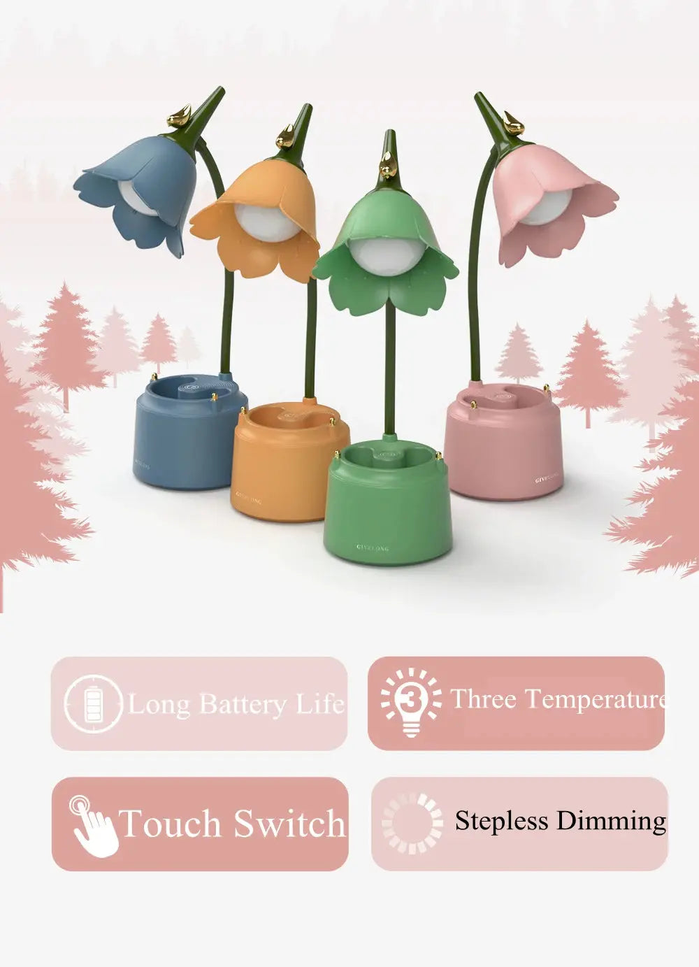 Cute Desk Lamp Rechargeable LED Night Light Table Lamp for Bedroom Flowers Reading Light with Pen Holder 3 Color Modes & Dimming - petguardiansupplies