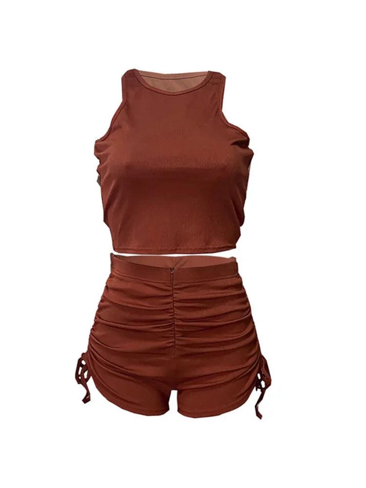 hirigin Sport Summer Clothes for Women 2 Piece Sets Drawstring Zipper Rib Shorts and Crop Top Casual Sexy Outfits Streetwear - petguardiansupplies