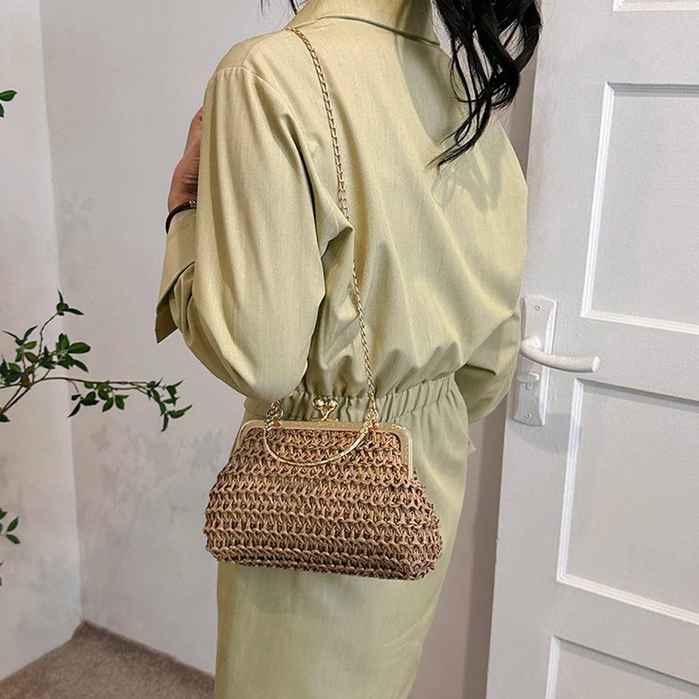 Summer Beach Straw Bags Exquisite Gold Chain Party Banquet Purse Hand Woven Handbag Female Clutch Bag Shoulder Crossbody Bags - petguardiansupplies