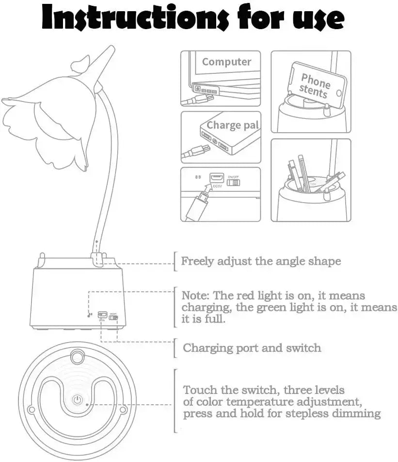 Cute Desk Lamp Rechargeable LED Night Light Table Lamp for Bedroom Flowers Reading Light with Pen Holder 3 Color Modes & Dimming - petguardiansupplies