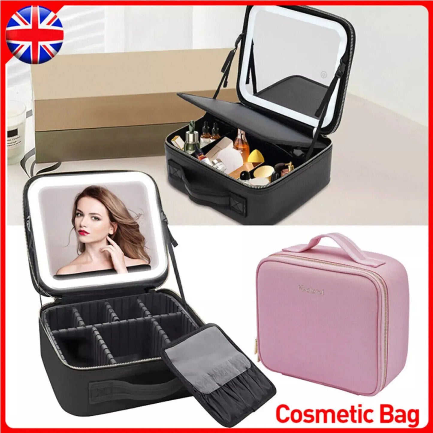 Makeup Bag With LED Mirror Vanity Case Beauty Box Make Up Travel Cosmetic Bag~UK - petguardiansupplies