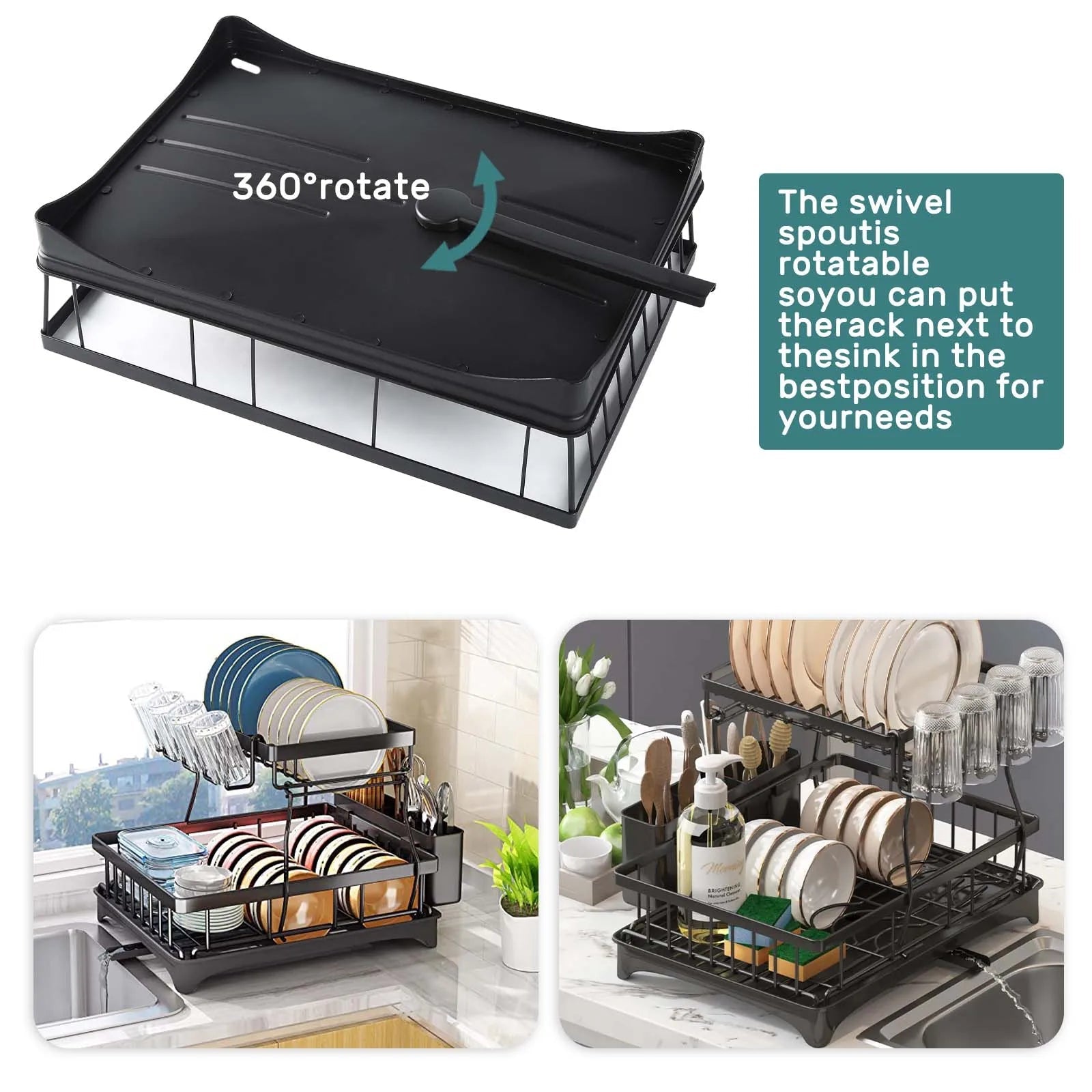 Large 2-tier dish drying rack for kitchen countertops, removable large-capacity dish draining rack - petguardiansupplies