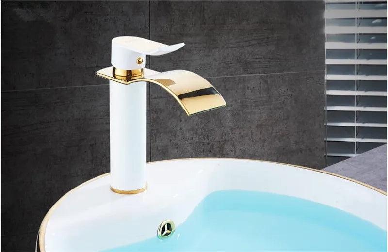 Basin Faucet Gold and white Waterfall Faucet Brass Bathroom Faucet Bathroom Basin Faucet Mixer Tap Hot and Cold Sink faucet - petguardiansupplies