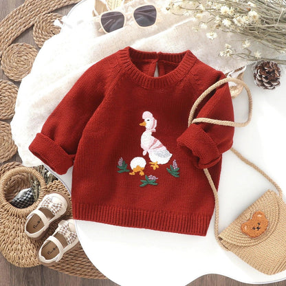 FOCUSNORM 4 Colors Lovely Baby Girls Sweater 0-3Y Cartoon Duck Embroidery Long Sleeve Pullovers Fall Winter Kids Jumpers Tops - petguardiansupplies