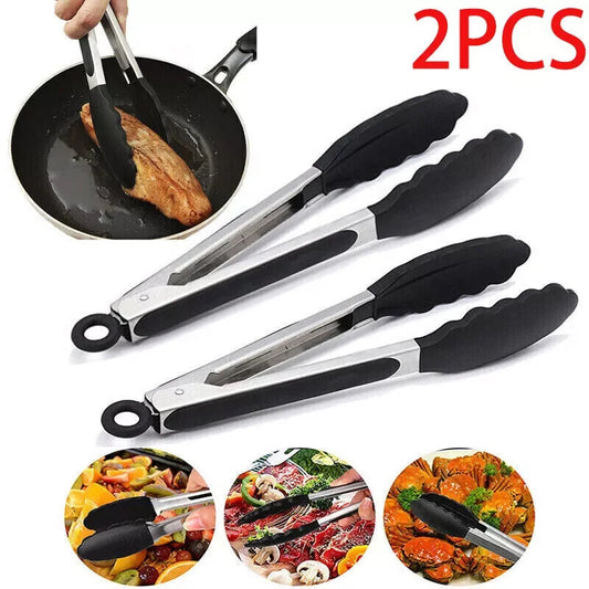 2X Kitchen Tongs Cooking Salad Serving BBQ Non Slip Handle Food Tong Clip Clamp - petguardiansupplies