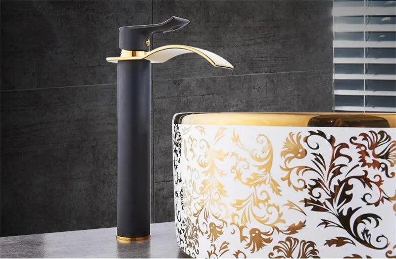 Basin Faucet Gold and white Waterfall Faucet Brass Bathroom Faucet Bathroom Basin Faucet Mixer Tap Hot and Cold Sink faucet - petguardiansupplies