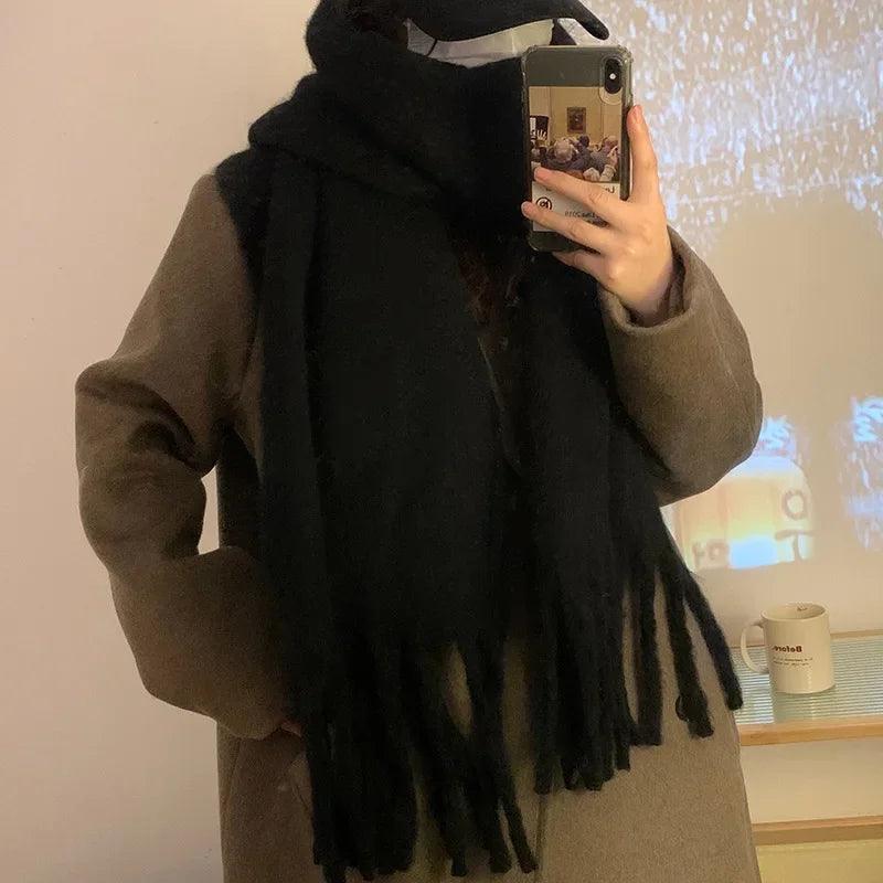 Thickened Solid Color Scarf Women's Winter New 2023 Korean Style Ins Winter Student Versatile Shawl Neck White - petguardiansupplies