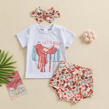 FOCUSNORM Toddler Baby Girls Western Clothes Sets 0-3Y Letter Print Short Sleeve T-Shirts Tops Cow Head/Boots Shorts Headband - petguardiansupplies