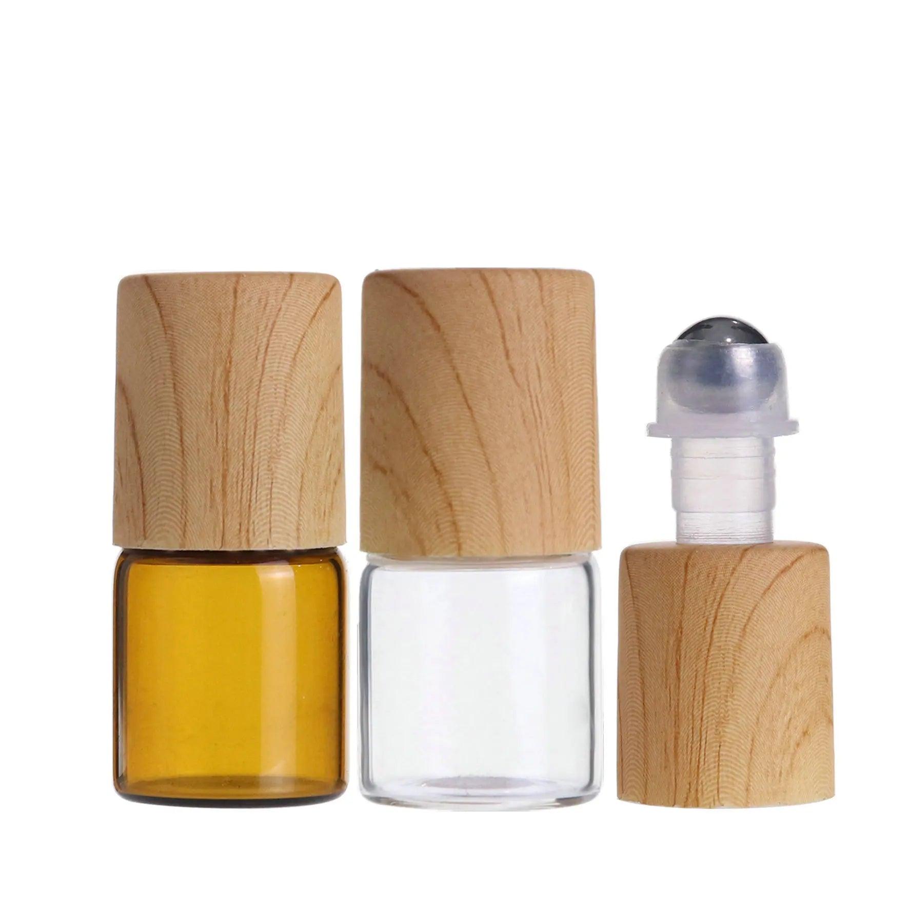 20X 50X Glass Essential Oil Roller Bottles 1ml 2ml 3ml 5ml 10ml Frosted Clear Roll on Vials PP Wood Paint Cap Lid Perfume Refill - petguardiansupplies