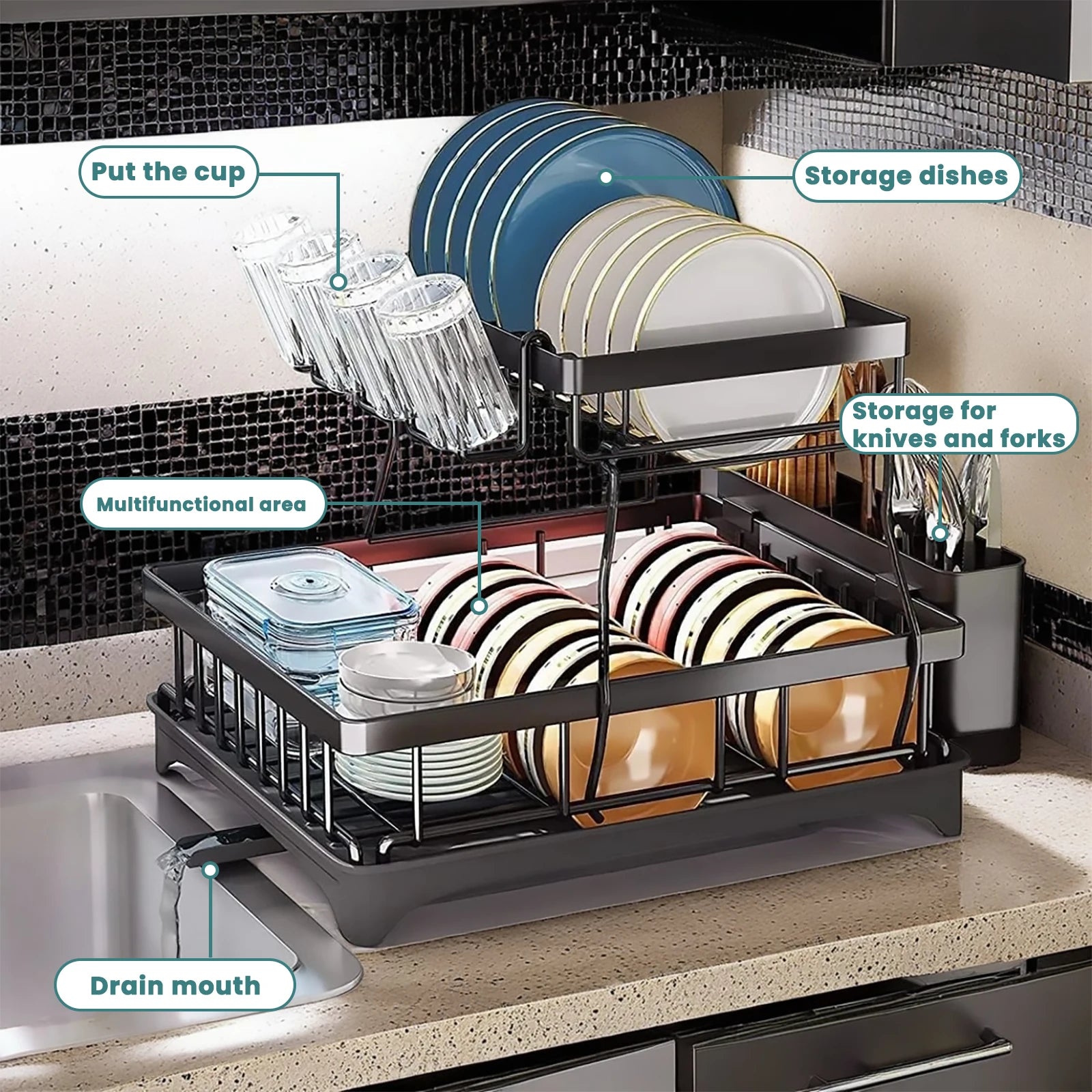 Large 2-tier dish drying rack for kitchen countertops, removable large-capacity dish draining rack - petguardiansupplies