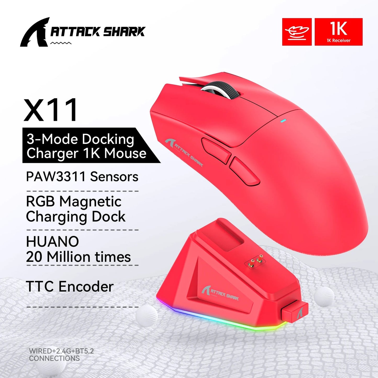 Attack Shark X11 Wireless Mouse,Bluetooth/2.4G/wired Tri-Mode Mouse ,PAW3311 RGB Magnetic charging dock Gaming Mouse - petguardiansupplies