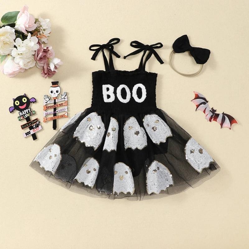 FOCUSNORM 0-24M Lovely Baby Girls Halloween Romper Dress Letter Embroidery Ghost Sequin Tie Spaghetti Strap Jumpsuit Headband - petguardiansupplies