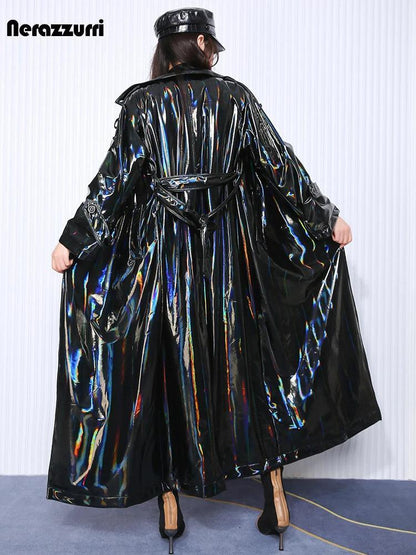 Nerazzurri Autumn Extra Long Black Holographic Shiny Reflective Stretchy Soft PVC Leather Trench Coat for Women European Fashion - petguardiansupplies